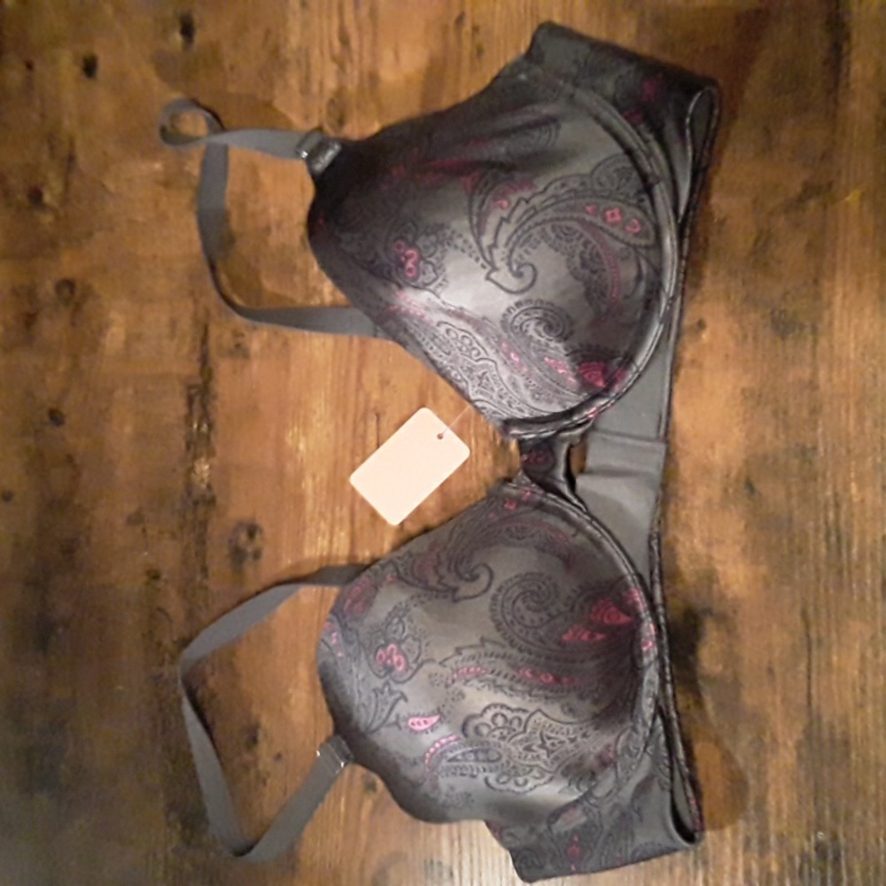 NWOT 36C Grey Pink Paisley Maidenform Padded  underwire Satin Type Bra